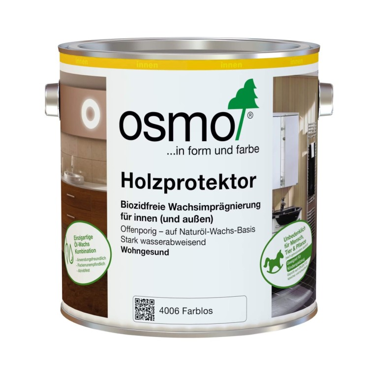 Osmo Holzprotektor - Ulei de impregnare pentru lemn expus in spatii umede ideal pentru protejarea lemnului in bai, bucatarii si spatii interioare cu umiditate crescuta. Acest ulei de impregnare Osmo este un tratament bio pentru lemn interior, pe baza de uleiuri si ceruri naturale, fara biocide, perfect pentru utilizari sigure si durabile.